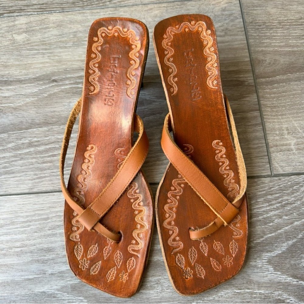 Triple Brown Leather Hand  Tooled Insole Sandals